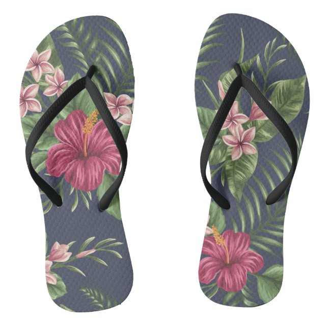 Red Hibiscus Flower Leaves Dark Background Flip F Flops (Footbed)