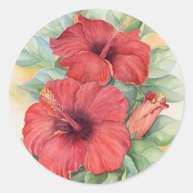Red Hibiscus Flower Round Stickers Watercolor Art (Front)