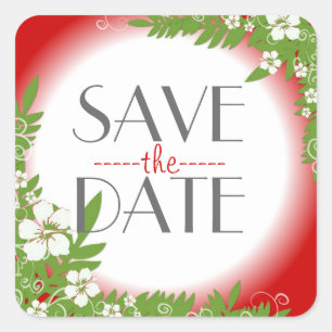 Red hibiscus flower save the date stickers