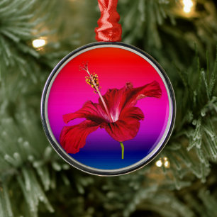 Red Hibiscus Flower Side View Metal Tree Decoration