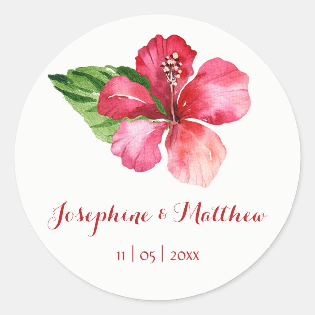 Red Hibiscus Flower Tropical Wedding Stickers (Front)