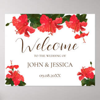 Red hibiscus flower wedding welcome sign poster