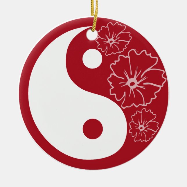 Red Hibiscus Flower Yin Yang Ceramic Tree Decoration (Front)