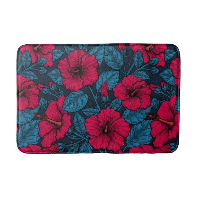 Red hibiscus flowers bath mat (Front)