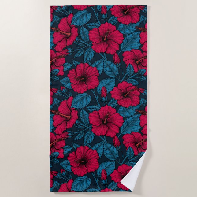 Red hibiscus flowers beach towel (Front)