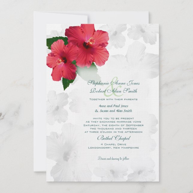 Red Hibiscus Flowers, Custom Wedding Invitation (Front)