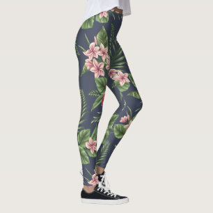 Red Hibiscus Flowers Dark Background leggings