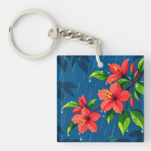 Red Hibiscus Flowers & Green Leaves in the Rain Key Ring
