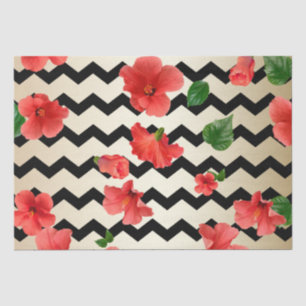 Red Hibiscus Flowers On Black And Beige Chevron Tissue Paper