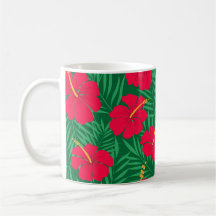 Red Hibiscus Flowers on Green Tropical Leaves