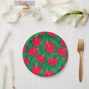 Red Hibiscus Flowers on Green Tropical Leaves  Paper Plate