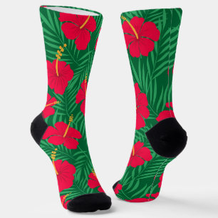 Red Hibiscus Flowers on Green Tropical Leaves  Socks