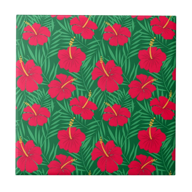 Red Hibiscus Flowers on Green Tropical Leaves  Tile (Front)