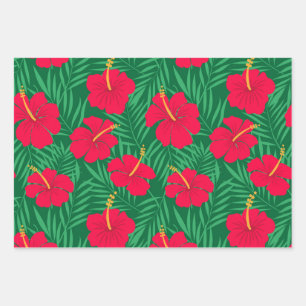 Red Hibiscus Flowers on Green Tropical Leaves  Wrapping Paper Sheet