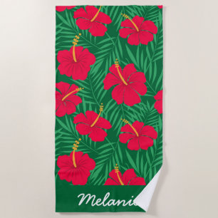 Red Hibiscus Flowers on Tropical Leaves Custom  Beach Towel