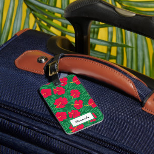 Red Hibiscus Flowers on Tropical Leaves Custom  Luggage Tag