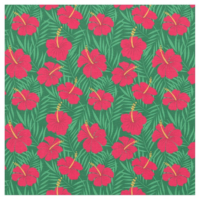 Red Hibiscus Flowers on Tropical Leaves Pattern Fabric (Close Up)