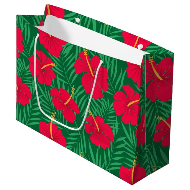 Red Hibiscus Flowers on Tropical Leaves Pattern  Large Gift Bag (Front Angled)