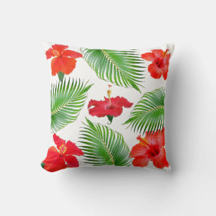 Red Hibiscus Flowers & Palm Leaves on White Cushion
