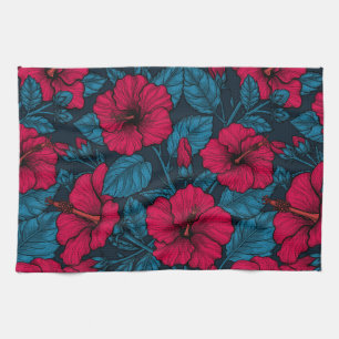 Red hibiscus flowers tea towel