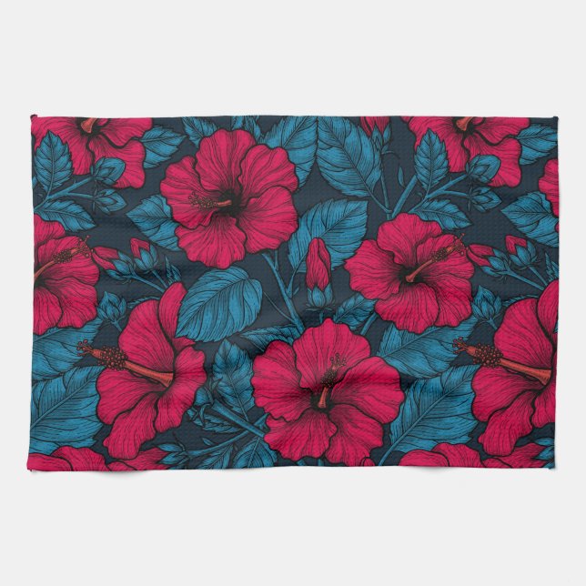 Red hibiscus flowers tea towel (Horizontal)