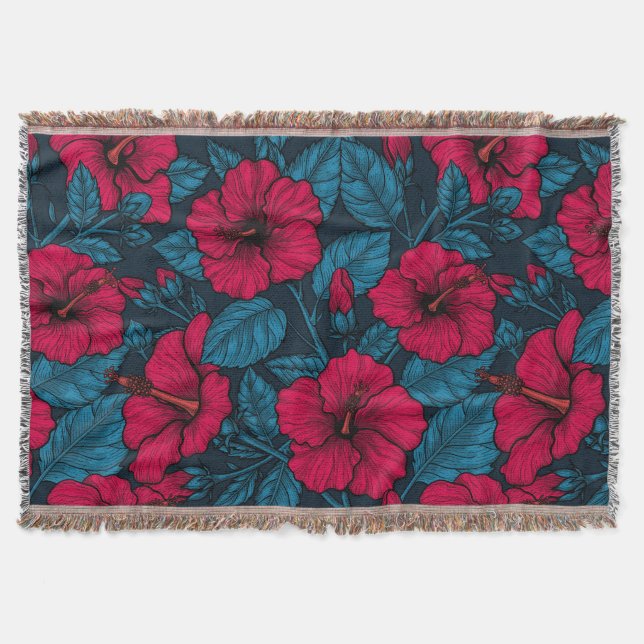 Red hibiscus flowers throw blanket (Front)