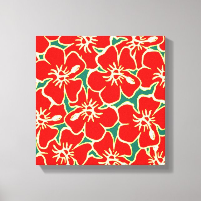 Red Hibiscus Flowers Tropical Hawaiian Canvas Art (Front)