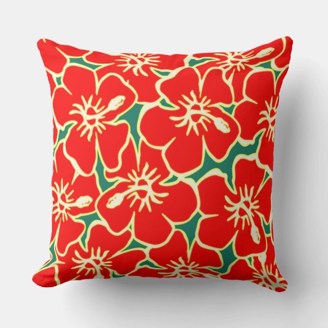 Red Hibiscus Flowers Tropical Hawaiian Luau Cushion (Front)