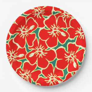 Red Hibiscus Flowers Tropical Hawaiian Luau Paper Plate