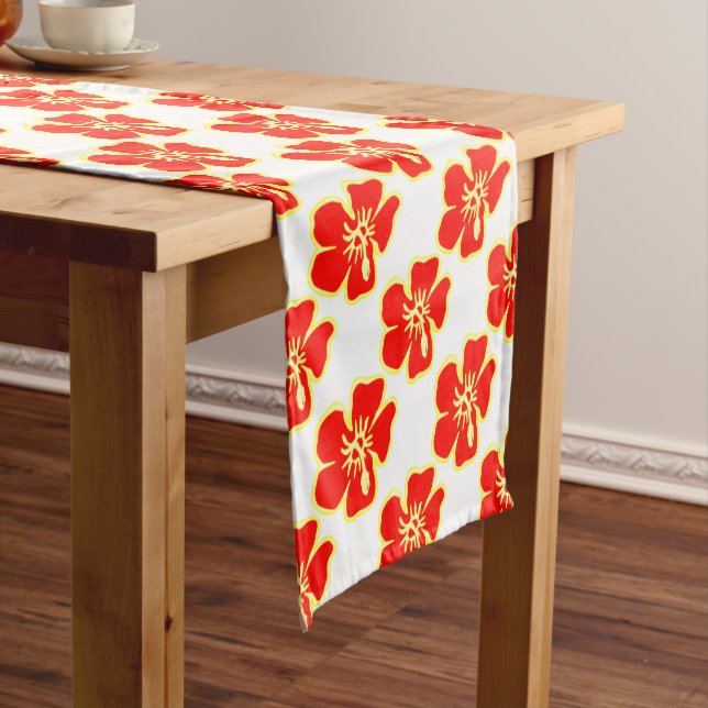 Red Hibiscus Flowers Tropical Hawaiian Luau Party Short Table Runner (In Situ)