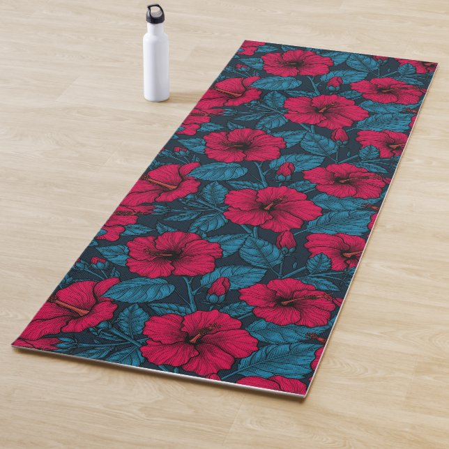 Red hibiscus flowers yoga mat (In Situ)