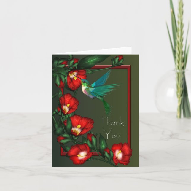 Red Hibiscus Green Hummingbird Thank You Cards (Front)