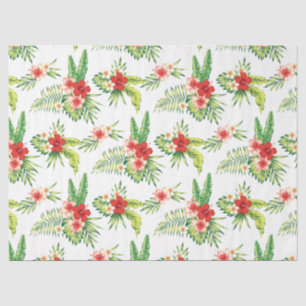 Red Hibiscus & Green Tropical Leafs Pattern Tissue Paper