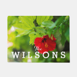 Red Hibiscus Hawaii Tropical Flower • Family Name Doormat