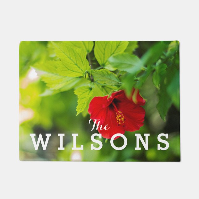 Red Hibiscus Hawaii Tropical Flower • Family Name Doormat (Front)