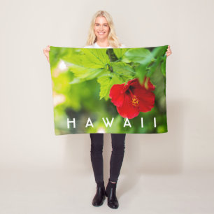 Red Hibiscus Hawaii Tropical Flower Fleece Blanket