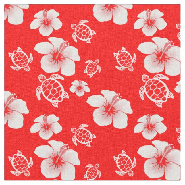 Red Hibiscus Honu Hawaiian Fabric (Close Up)