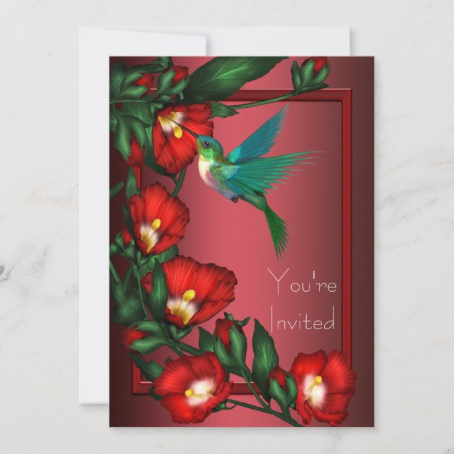 Red Hibiscus Hummingbird Invitation Template (Front)