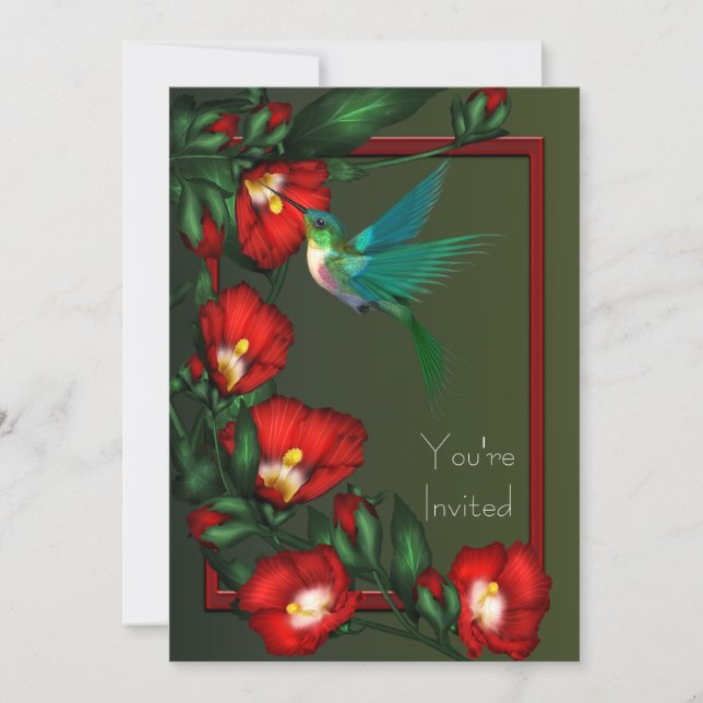 Red Hibiscus Hummingbird Party Invitation (Front)