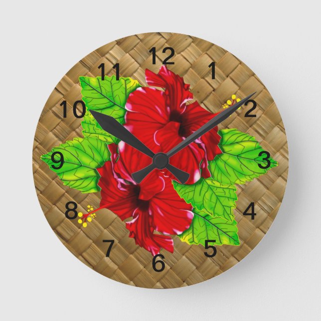Red Hibiscus Lauhala Wall Clock (Front)