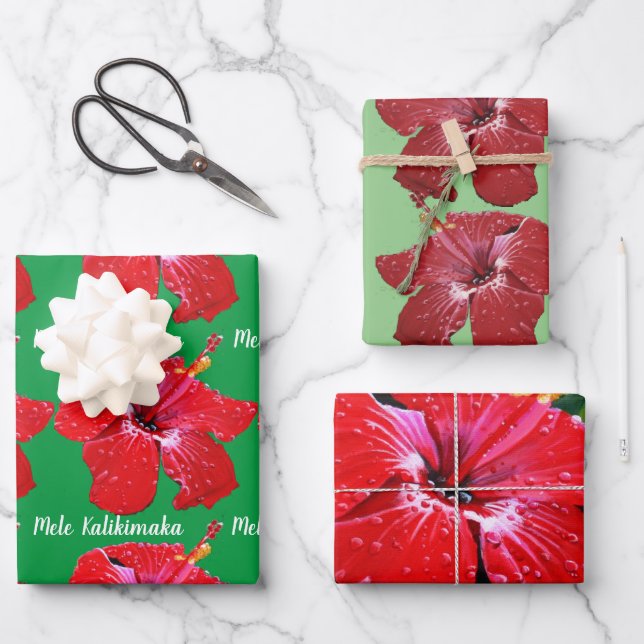 Red Hibiscus Mele Kalikimaka Wrapping Paper Sheet (Front)