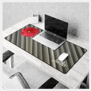 Red Hibiscus Modern Smokey Grey Stripes Desk Mat