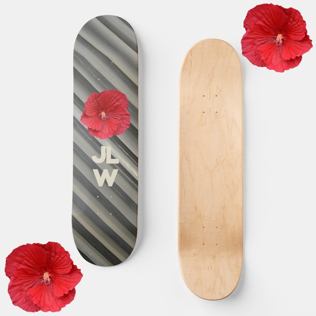Red Hibiscus Modern Smokey Grey Stripes Skateboard (Creator Uploaded)