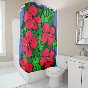 Red Hibiscus & Monstera Shower Curtain