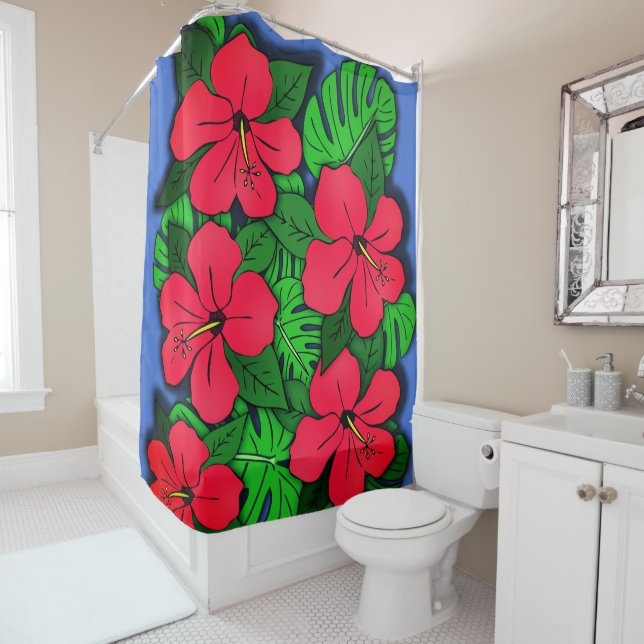 Red Hibiscus & Monstera Shower Curtain (In Situ)