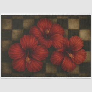 Red Hibiscus on Aged Checkerboard Decoupage Paper 