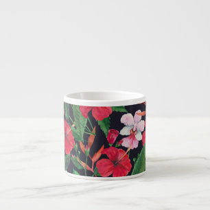 Red hibiscus, orchids, tropical watercolor. espresso cup
