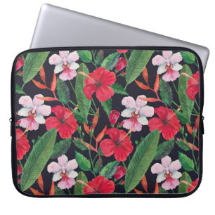Red hibiscus, orchids, tropical watercolor. laptop sleeve