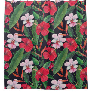 Red hibiscus, orchids, tropical watercolor. shower curtain