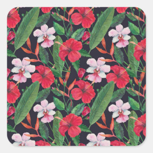 Red hibiscus, orchids, tropical watercolor. square sticker